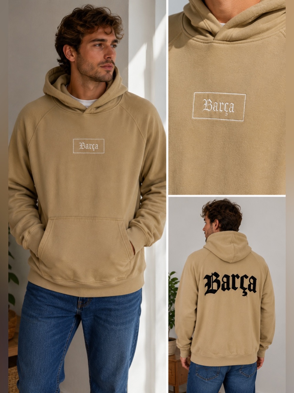 FC Barcelona Barça Tan Pullover Hoodie Sweatshirt Size Medium